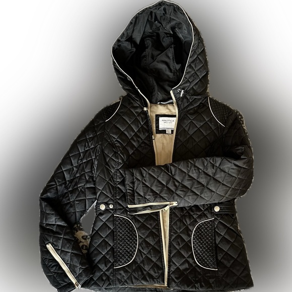 Nautica Black and Tan Quilted Puffer Jacket with Hood - Picture 1 of 11